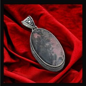Rhodonite Gemstone Handcrafted Antique Design Pendant 2.4" L Made In India NWT